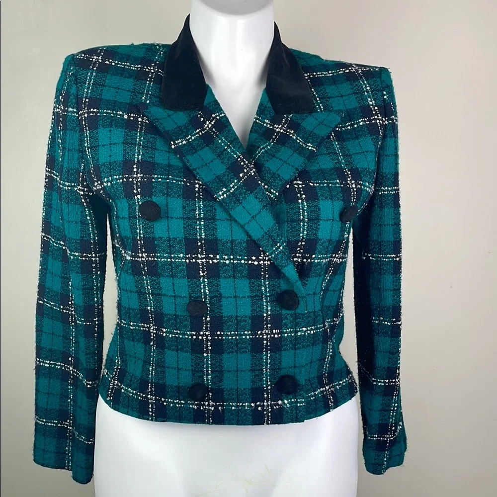 Positive Attitude Vintage Tweed Blazer Velvet Collar Teal Green Plaid